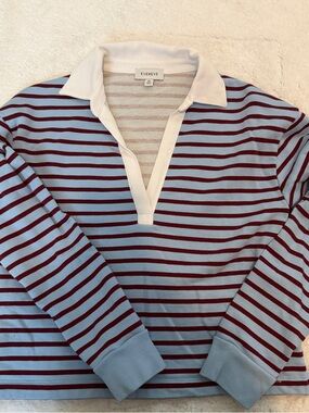 Evereve Light Blue and Burgundy Striped Rugby Shirt with White Collar